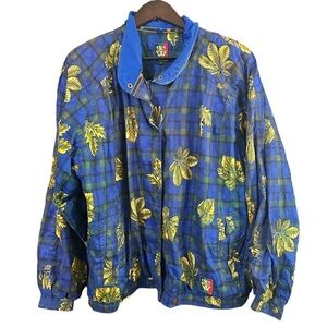 Sunice Vintage Blue & Gold Leaves Plaid Lined Zip Front Button Ski Jacket Sz XL
